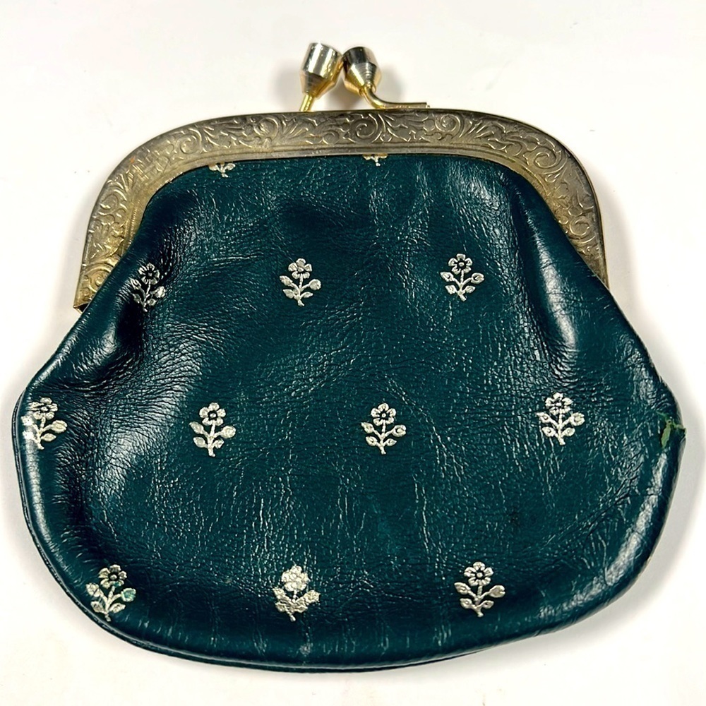 Green Leather Gold Handpainted Vintage Kisslock Wallet